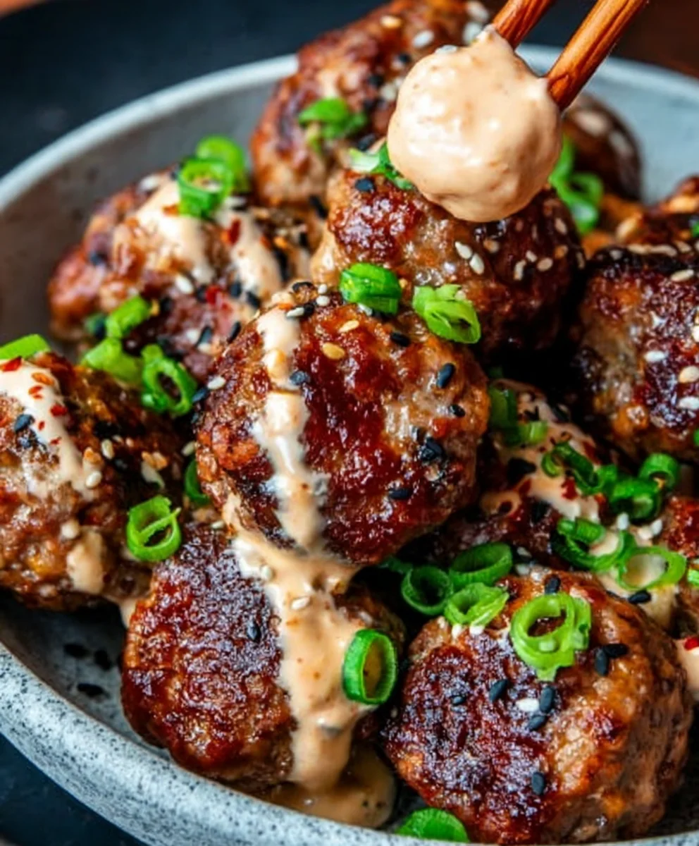 Korean BBQ Beef Meatballs Spicy Mayo Dip