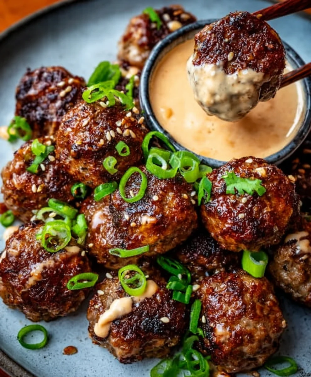 Korean BBQ Beef Meatballs Spicy Mayo Dip